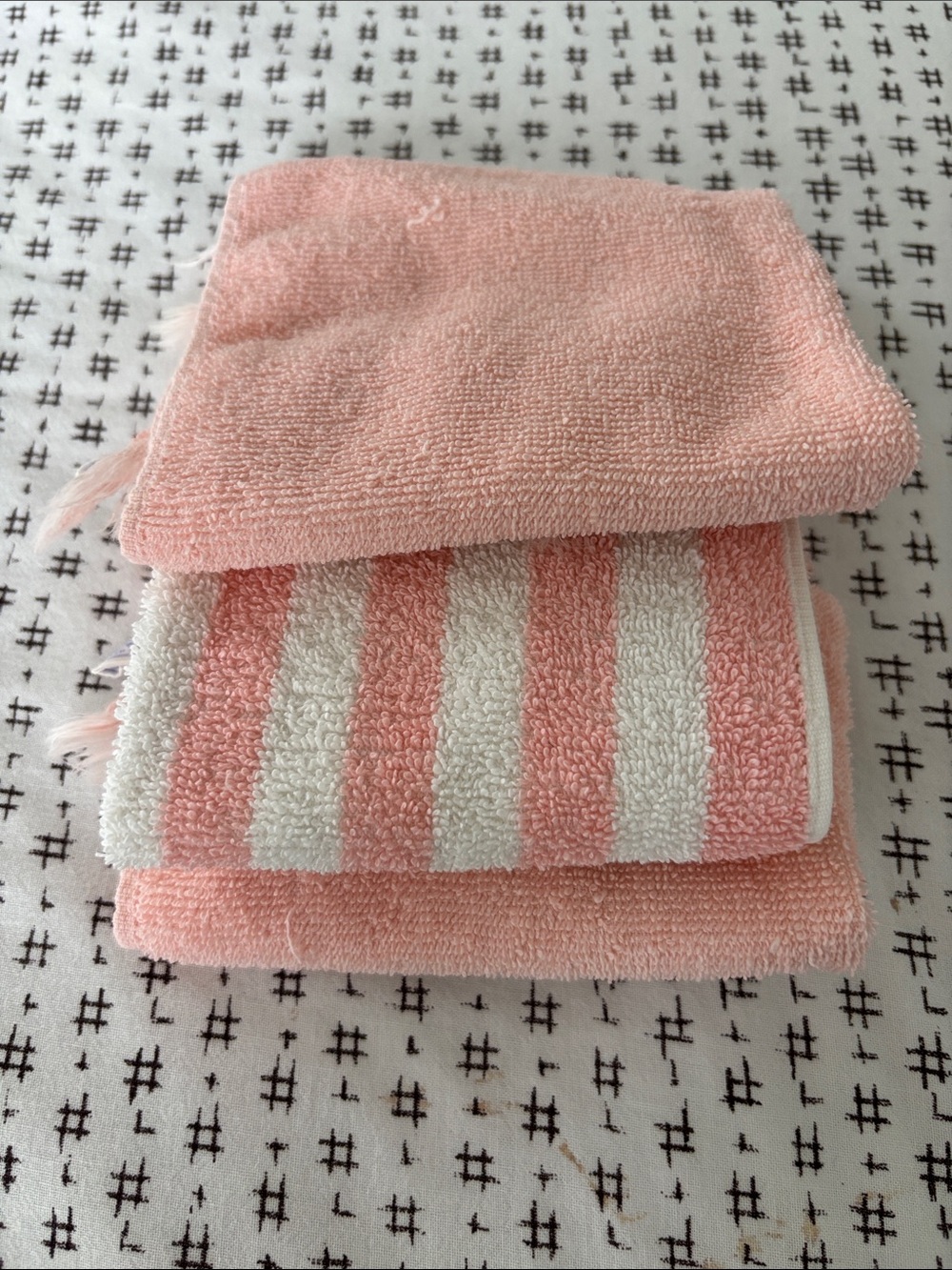 Vintage Cannon/Martex finger towels, 2 pink,1 pink/white stripe, cotton, fringe
